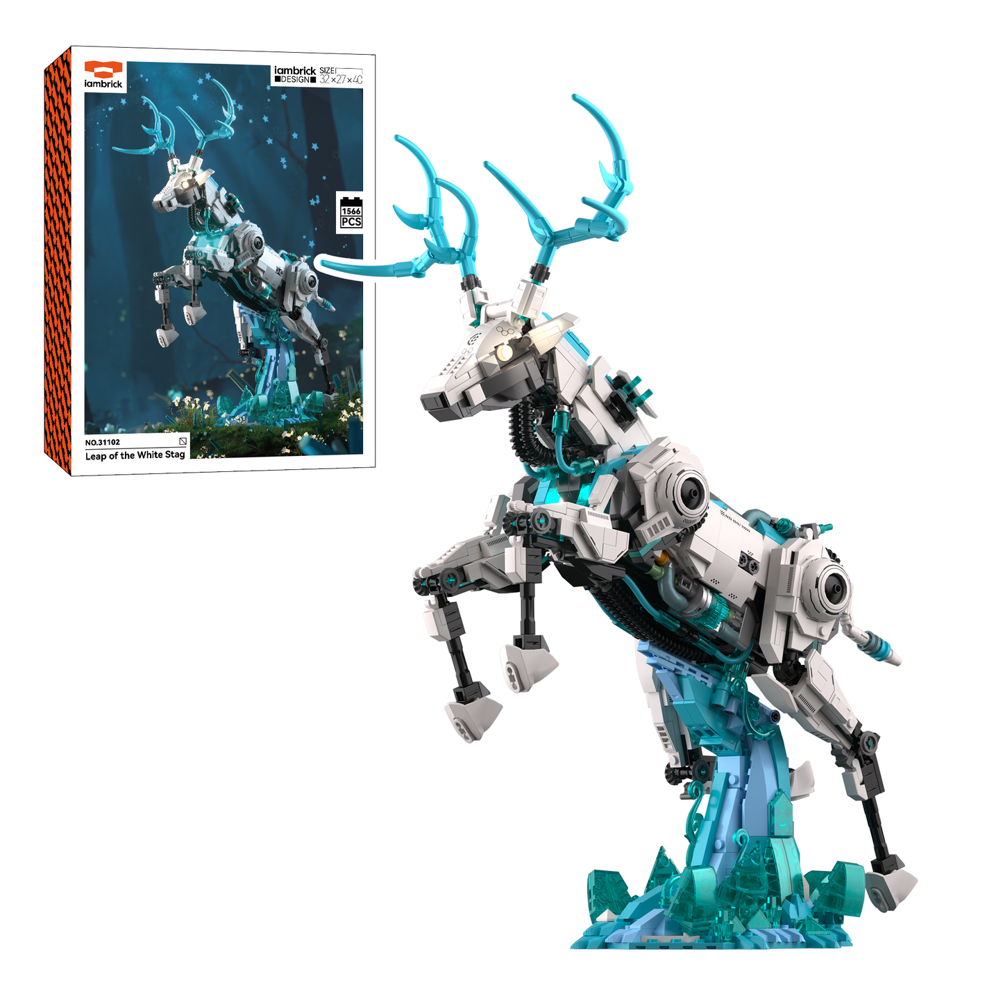 IAMBRICK Leap of the White Stag beast-mecha building set with detailed antlers dynamic pose and terrain base