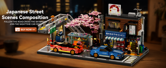 IAMBRICK Sakura Line combined street scene with skybridge, cherry blossoms, corner store, izakaya and red and blue street cars