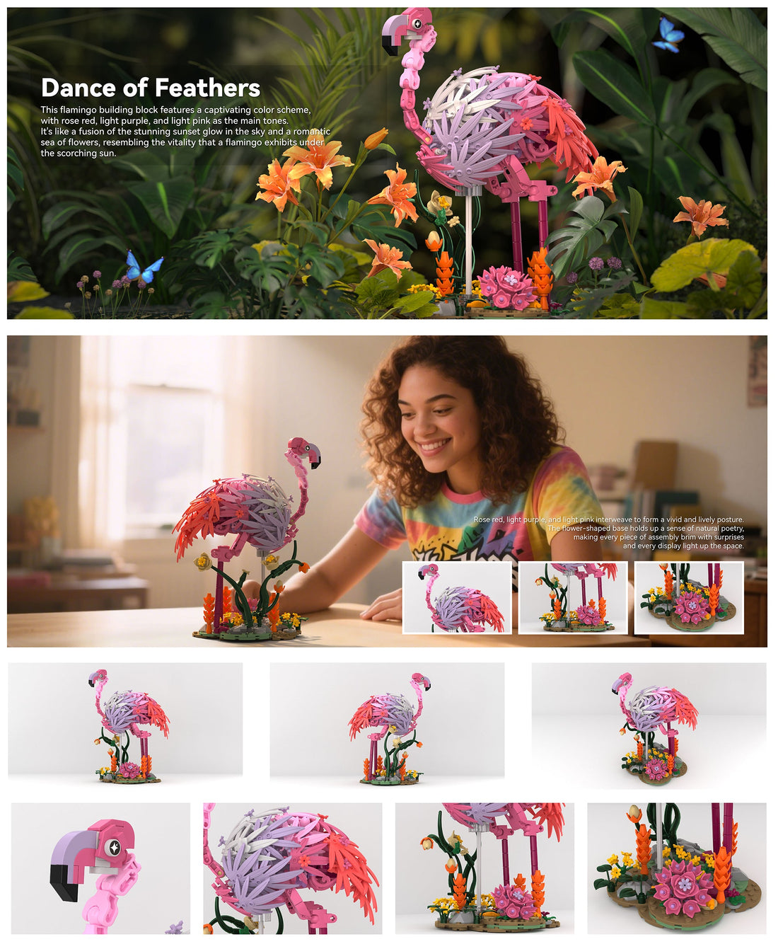 IAMBRICK Dance of Feathers compact flamingo building set displayed as a decorative desk model