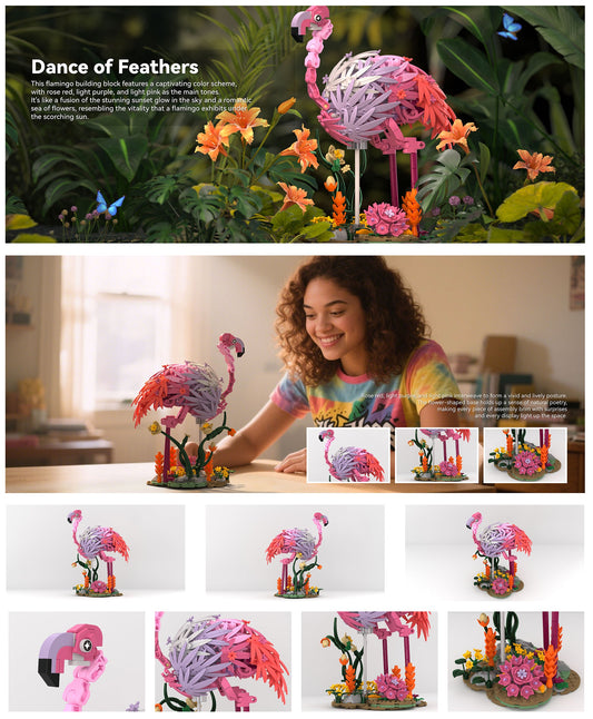 IAMBRICK Dance of Feathers compact flamingo building set displayed as a decorative desk model