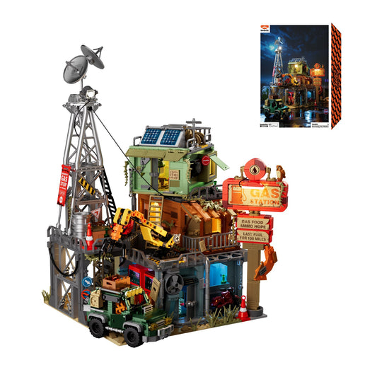 IAMBRICK Doomsday Gas Station post-apocalyptic settlement building with repair area vehicle and watchtower