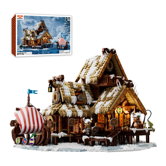 IAMBRICK Icehorn Longhouse Viking building set with winter base dock longship and illuminated hall