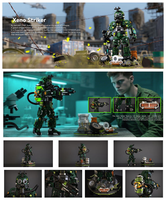 IAMBRICK Xeno Striker demonstrating advanced mechanical building techniques, articulation and detailed surface greebling