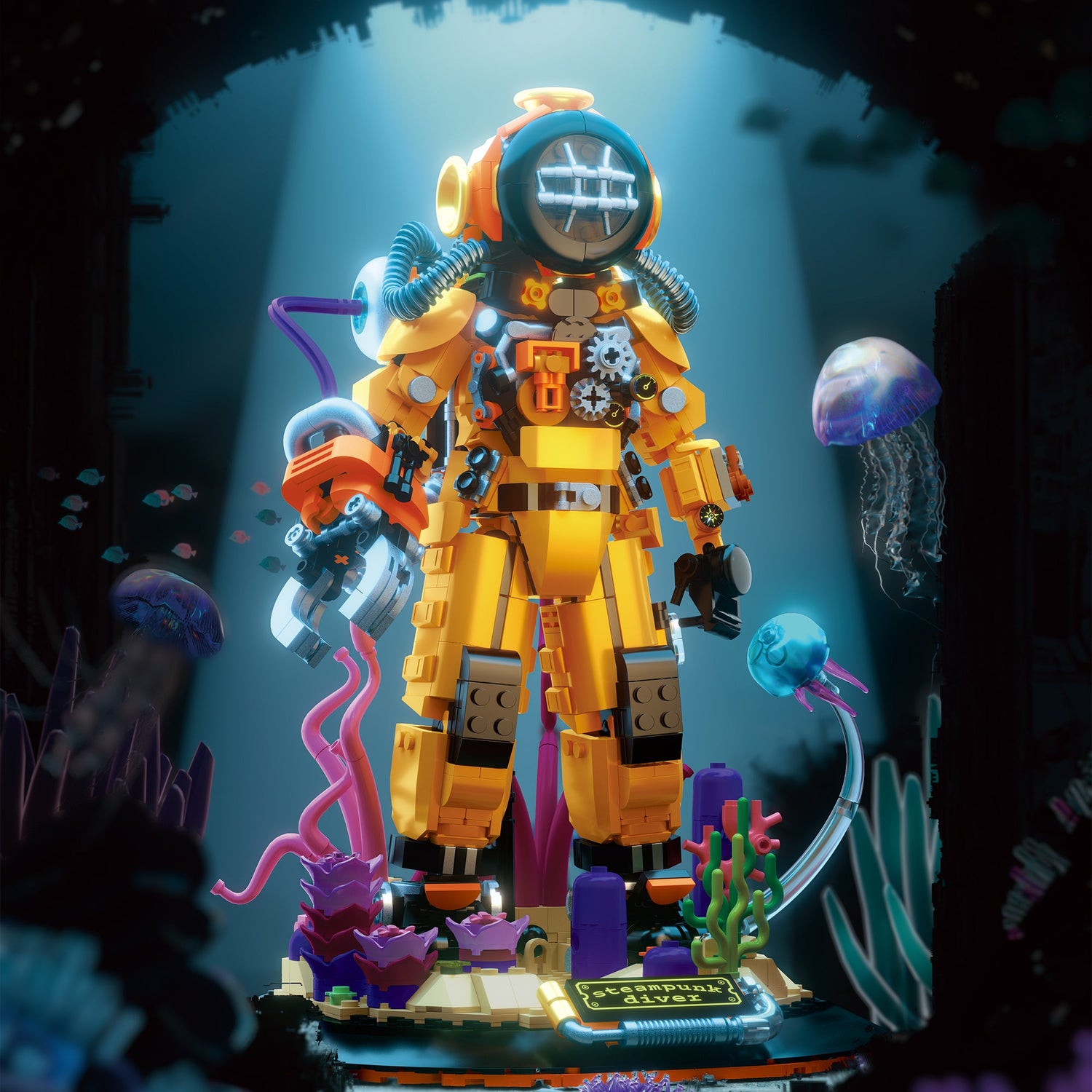 IAMBRICK Steampunk Diver completed mechanical deep-sea explorer on a sunken-ruin base