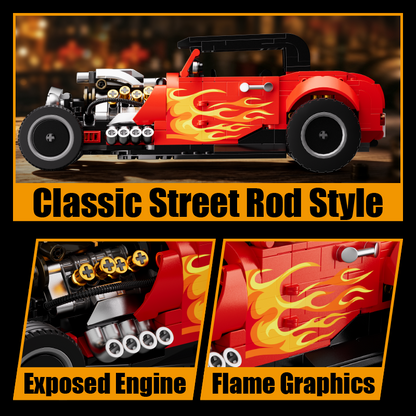 Blaze Street Rod side profile with close-ups of the exposed engine and flame graphics