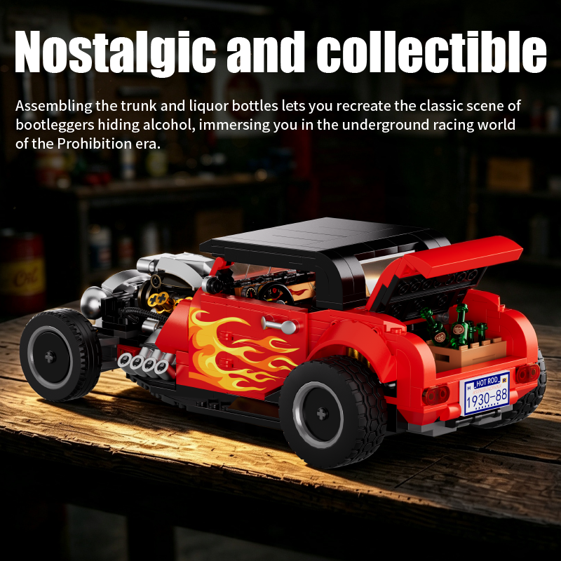Rear view of Blaze Street Rod with an open trunk and green bottle accessories
