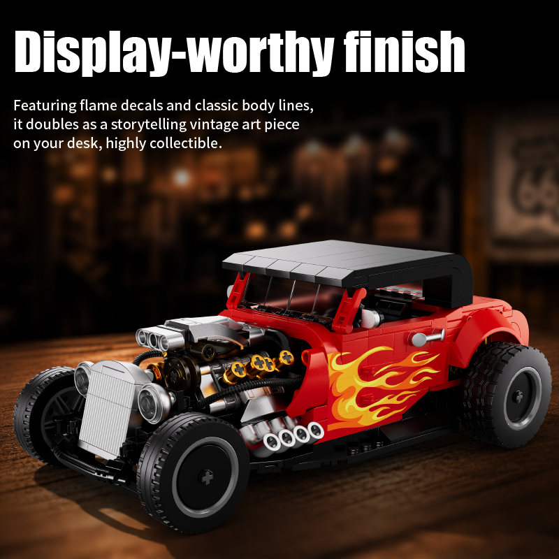 Blaze Street Rod displayed on a desk with red bodywork, black roof and flame graphics