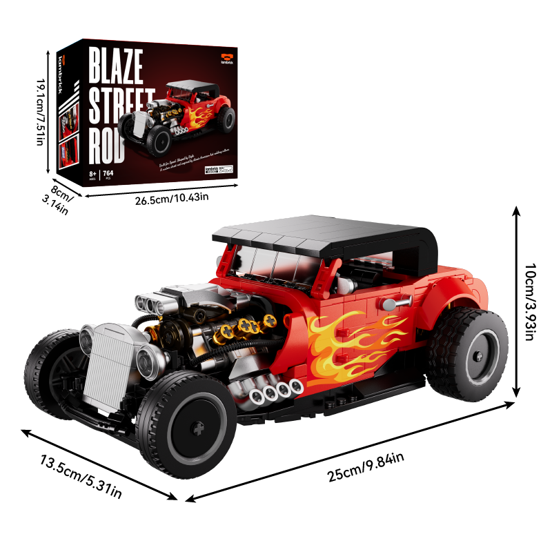 Blaze Street Rod model dimensions of 25 × 13.5 × 10 cm and box dimensions of 26.5 × 19.1 × 8 cm