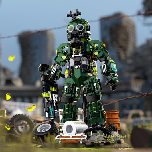 IAMBRICK Xeno Striker completed post-apocalyptic mechanical warrior on a contaminated base