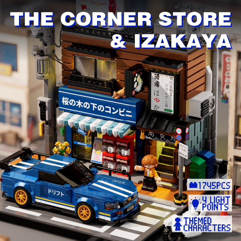 The Corner Store and Izakaya building set with convenience store, upstairs izakaya and blue street car
