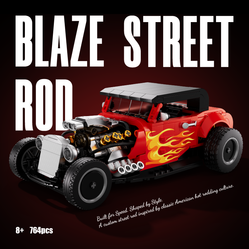 Blaze Street Rod 764-piece hot rod with exposed engine and flame decals