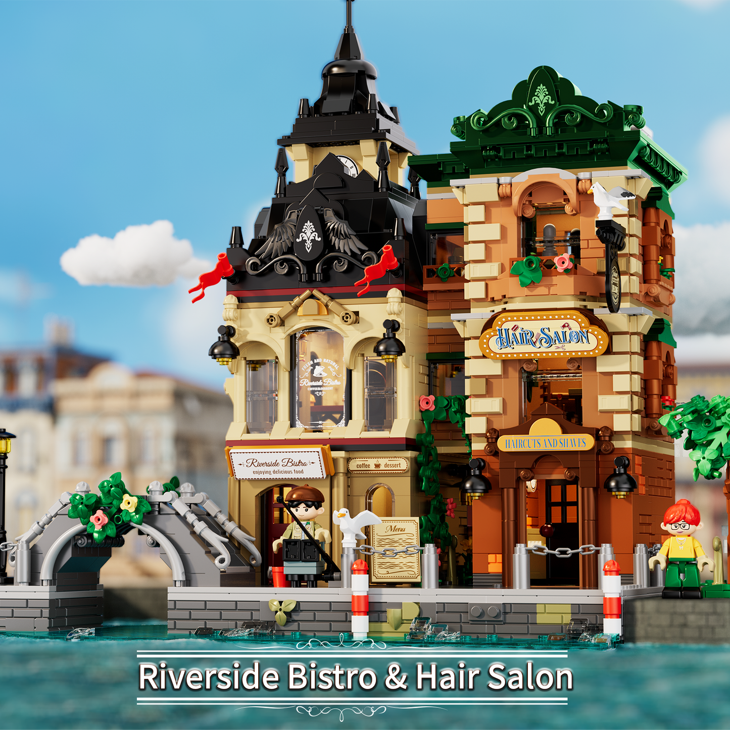 Front view of Riverside Bistro and Hair Salon with ornate facades and waterfront street details