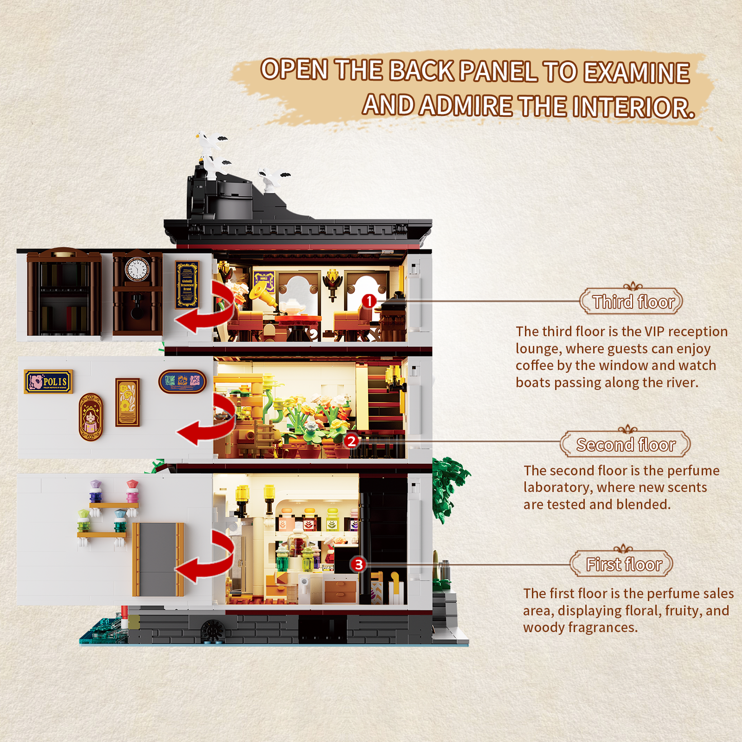 Opening rear panels reveal the perfume store, fragrance laboratory and upstairs VIP lounge