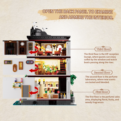 Opening rear panels reveal the perfume store, fragrance laboratory and upstairs VIP lounge