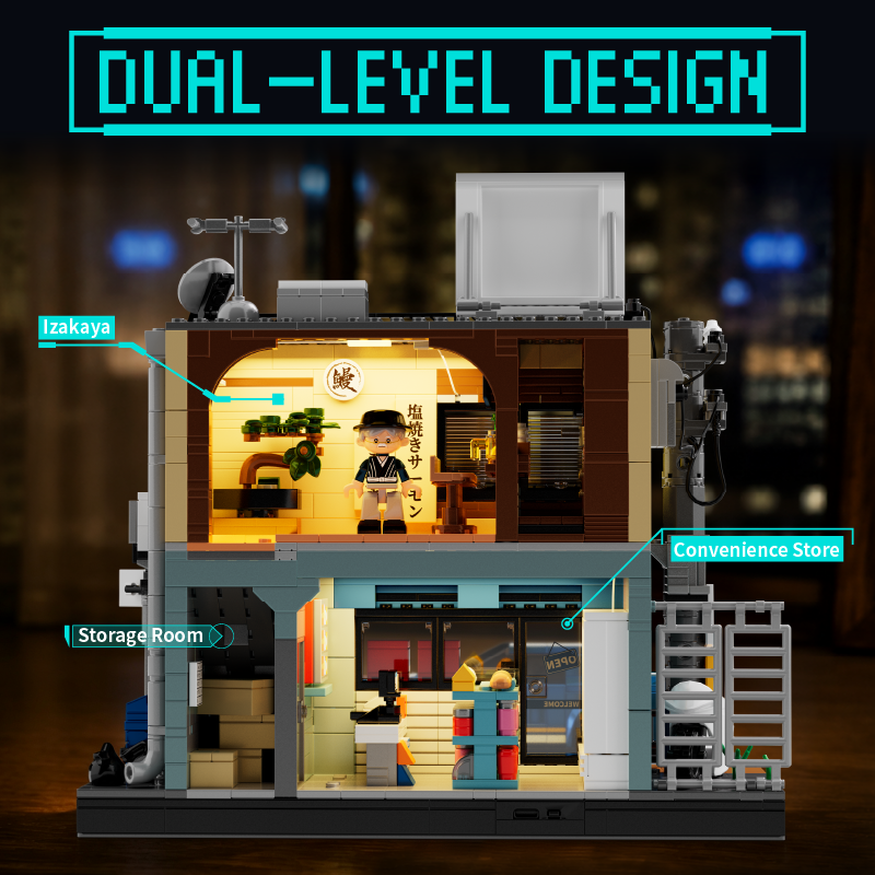The Corner Store and Izakaya dual-level interior showing upper izakaya, corner store and storage room