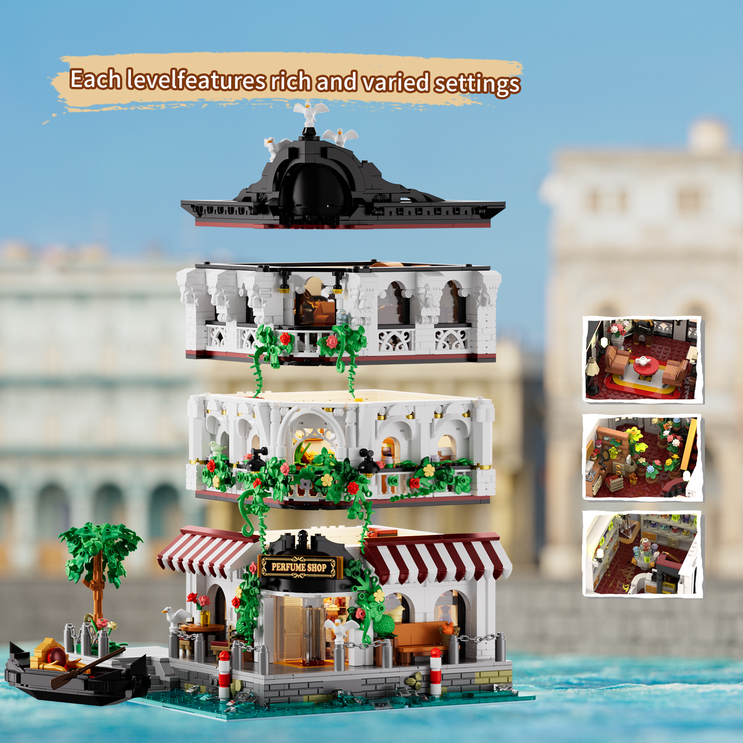 Riverside Perfume Shop with roof and upper floor lifted to show the modular interior