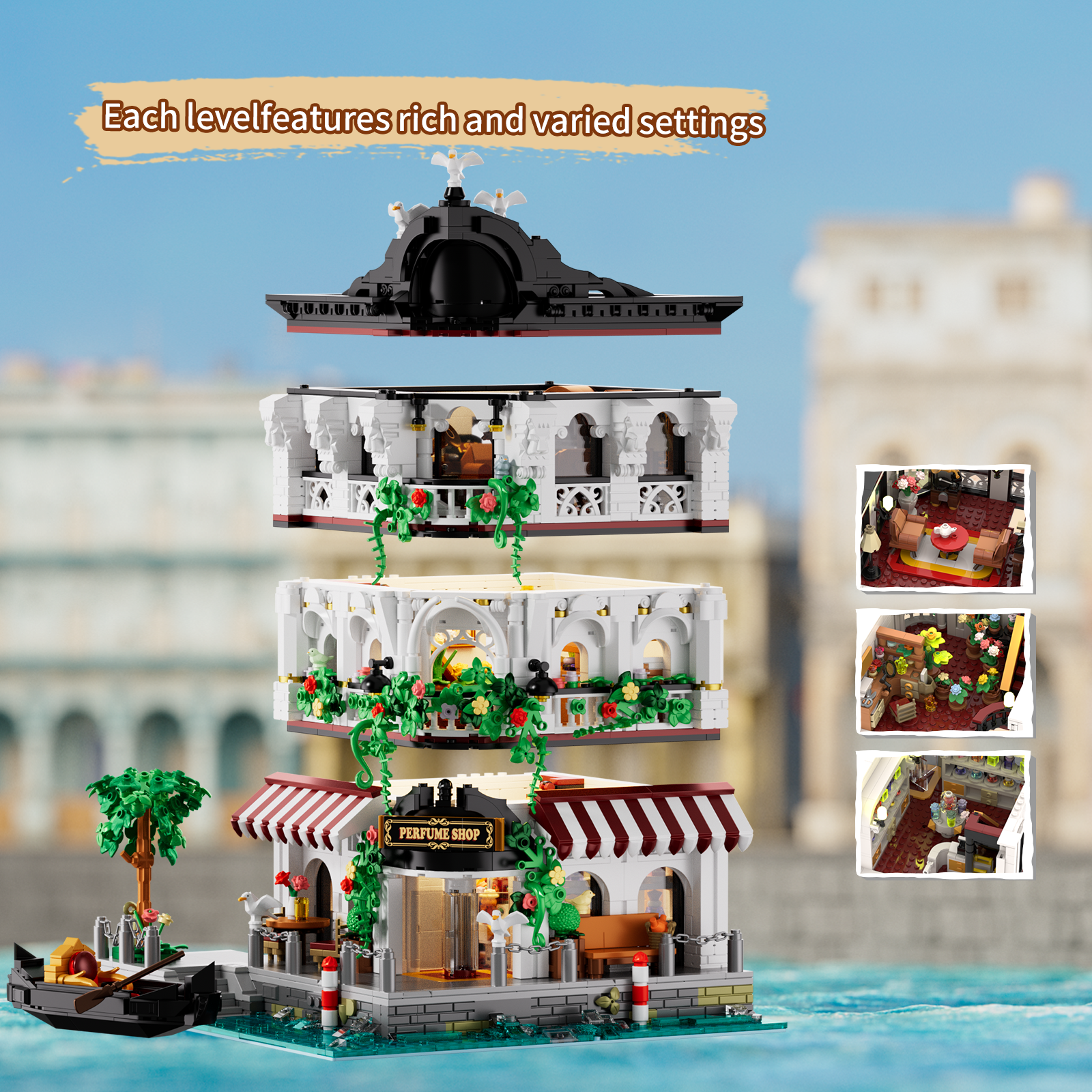 Riverside Perfume Shop with roof and upper floor lifted to show the modular interior