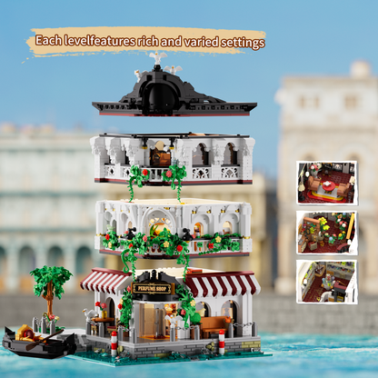 Riverside Perfume Shop with roof and upper floor lifted to show the modular interior