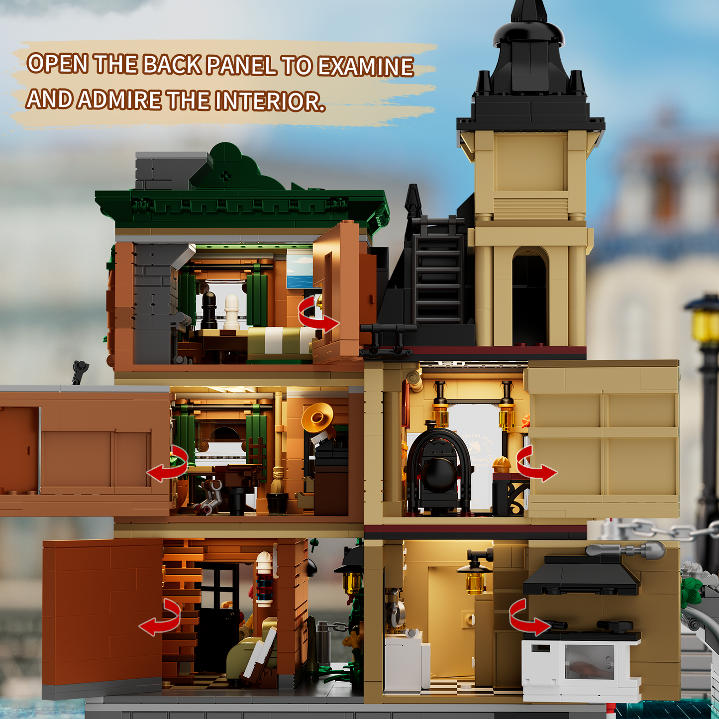 Opening rear panels reveal furnished rooms in both the bistro and hair salon