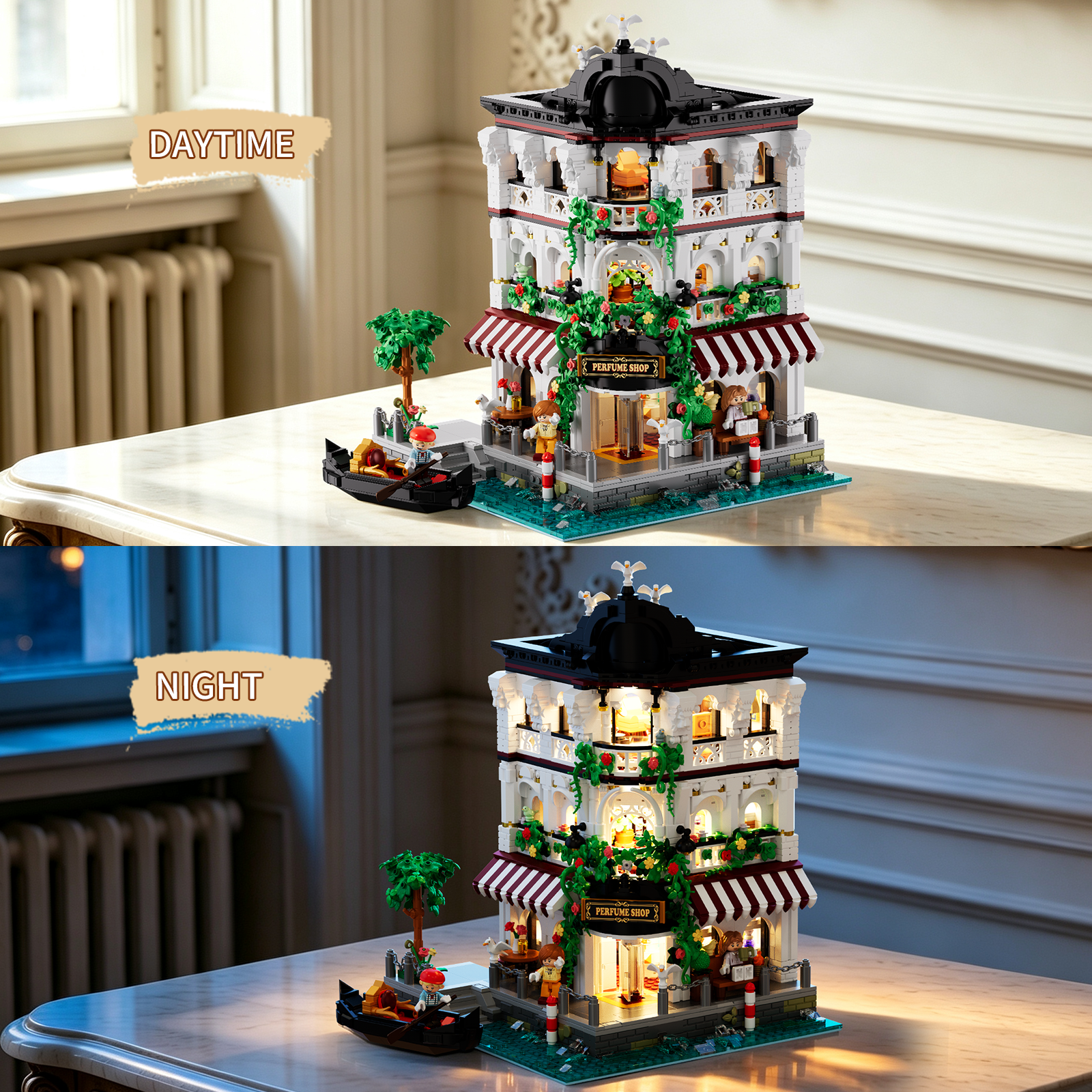 Riverside Perfume Shop displayed by day and illuminated with warm lighting at night
