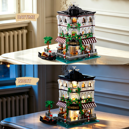 Riverside Perfume Shop displayed by day and illuminated with warm lighting at night