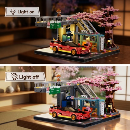 Sakura Station and Skybridge day and night display with LED lighting switched on and off