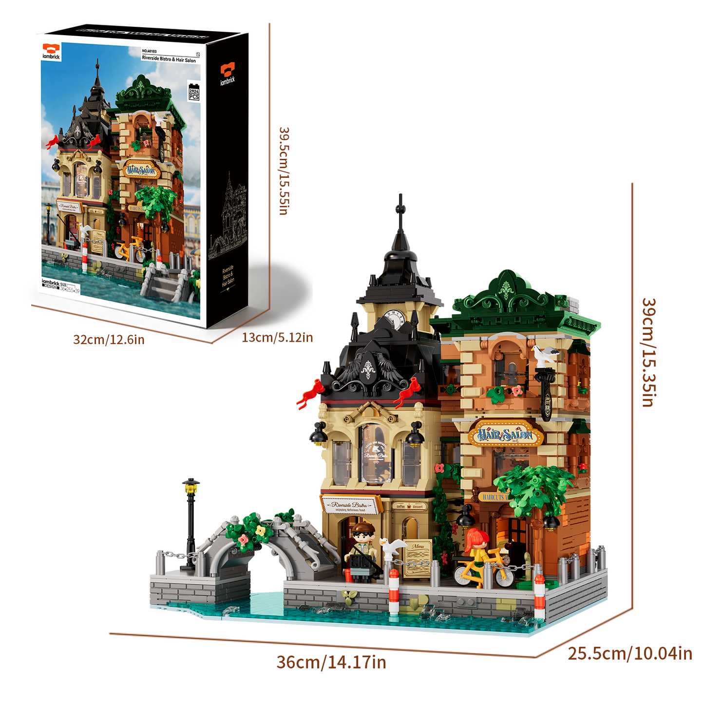 Riverside Bistro and Hair Salon model and product box with dimensions in centimeters and inches