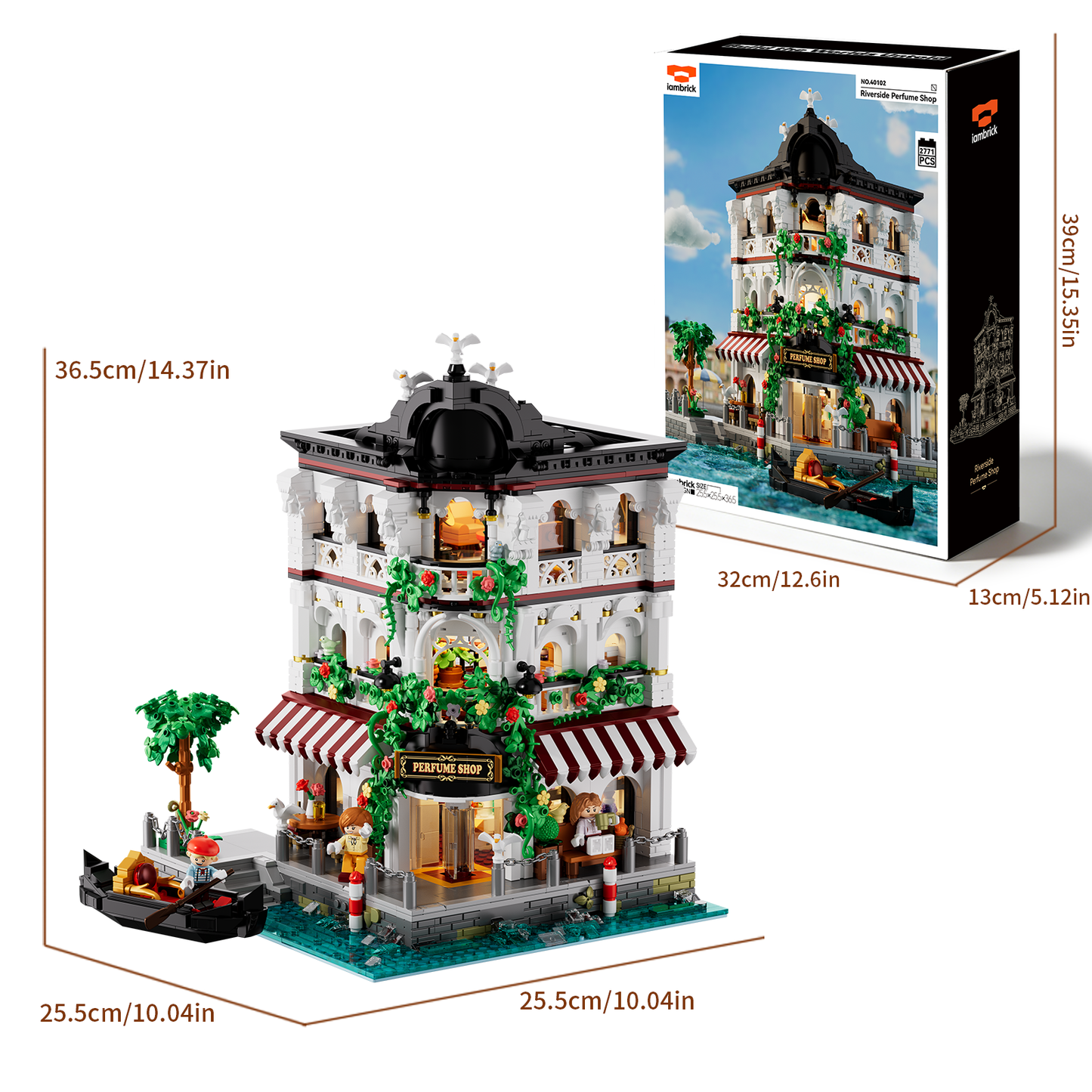 Riverside Perfume Shop model and product box with dimensions in centimeters and inches