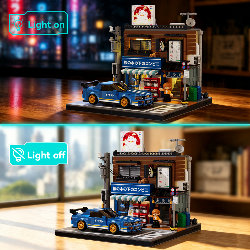The Corner Store and Izakaya day and night display with LED lighting switched on and off