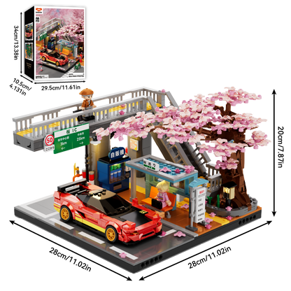 Sakura Station and Skybridge building set with product box and dimensions of 28 by 28 by 20 cm
