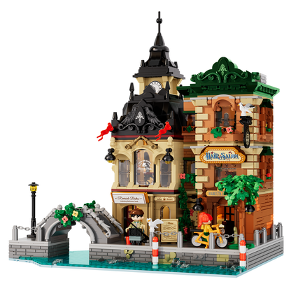 IAMBRICK 40103 Riverside Bistro and Hair Salon building set with clock tower, stone bridge and riverbank