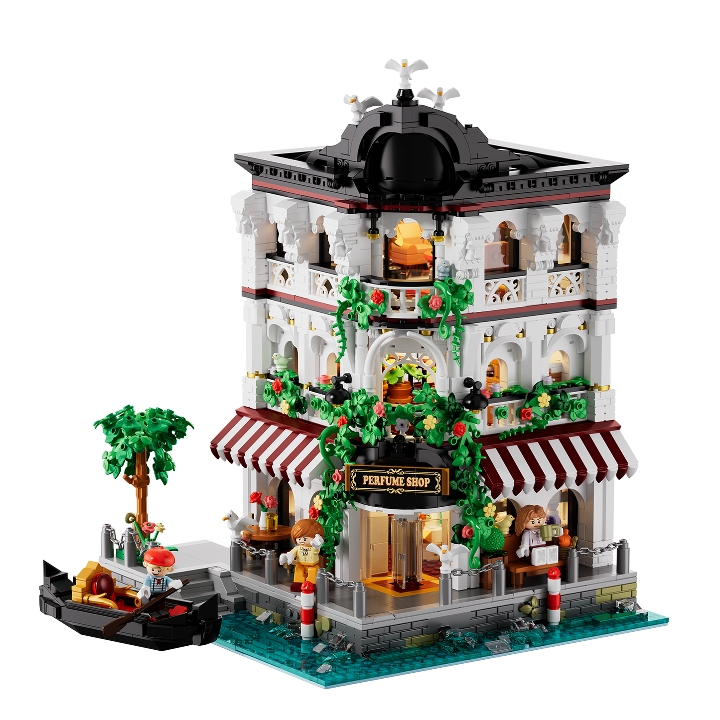 IAMBRICK 40102 Riverside Perfume Shop building set with three-story facade, boat and riverside dock