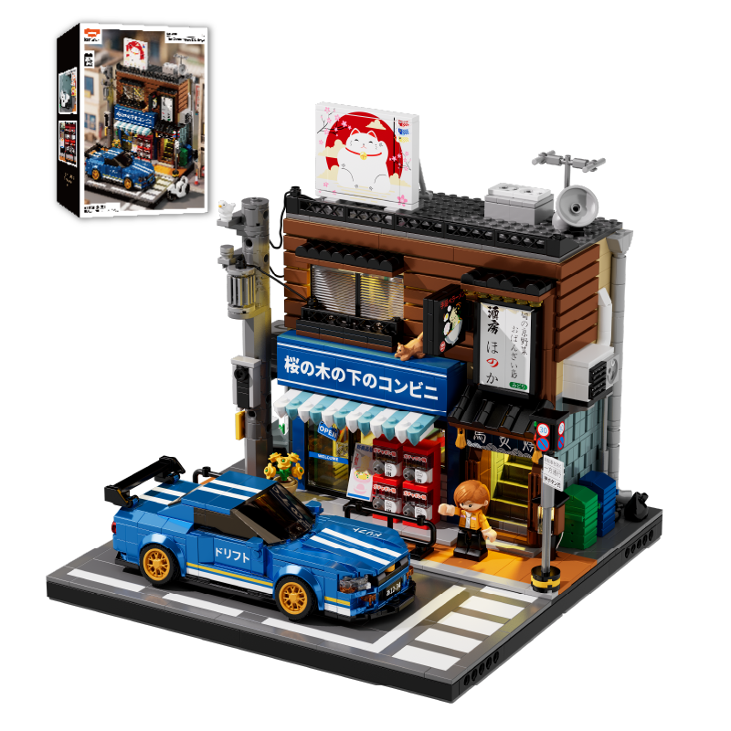 IAMBRICK 50105 Corner Store and Izakaya display with blue Azure Night Runner and product box