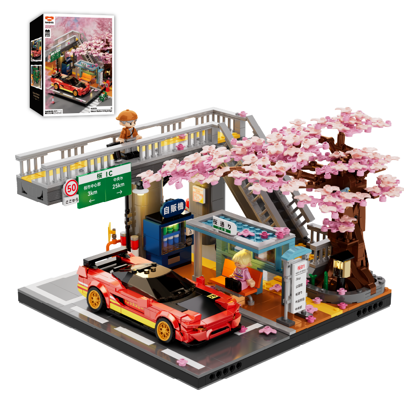 IAMBRICK 50104 Sakura Station and Skybridge display with product box, cherry blossom tree and Crimson Bridge Runner