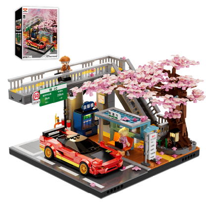 IAMBRICK 50104 Sakura Station and Skybridge display with product box, cherry blossom tree and Crimson Bridge Runner