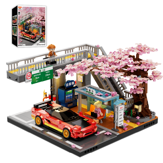 IAMBRICK 50104 Sakura Station and Skybridge display with product box, cherry blossom tree and Crimson Bridge Runner