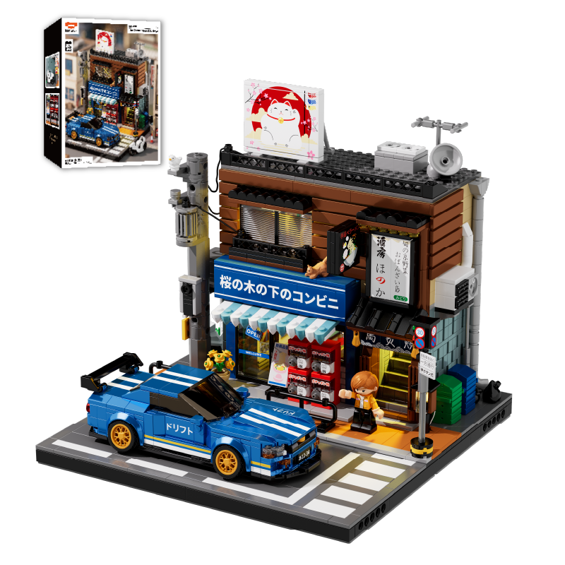 IAMBRICK 50105 The Corner Store and Izakaya display with product box, blue Azure Night Runner and Sakura Line streetscape