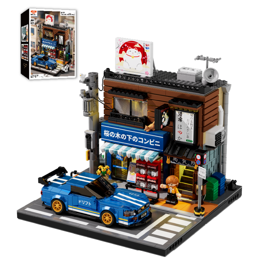 IAMBRICK 50105 The Corner Store and Izakaya display with product box, blue Azure Night Runner and Sakura Line streetscape
