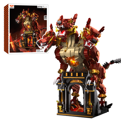 IAMBRICK Cerberus of the Inferno three-headed dark fantasy building set with illuminated eyes and lava base
