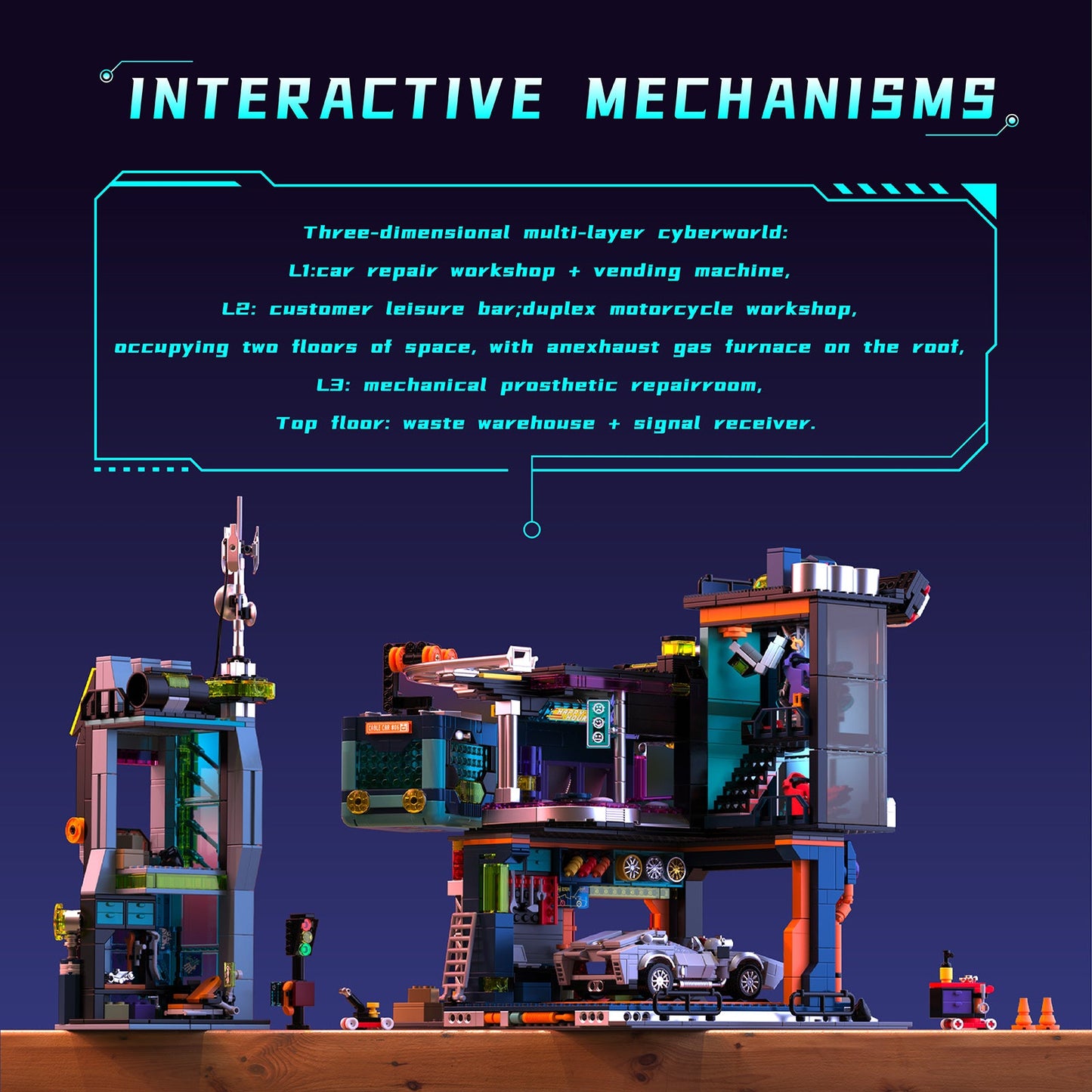 IAMBRICK Cyber Repair City detailed repair shop interior and cyberpunk street scene