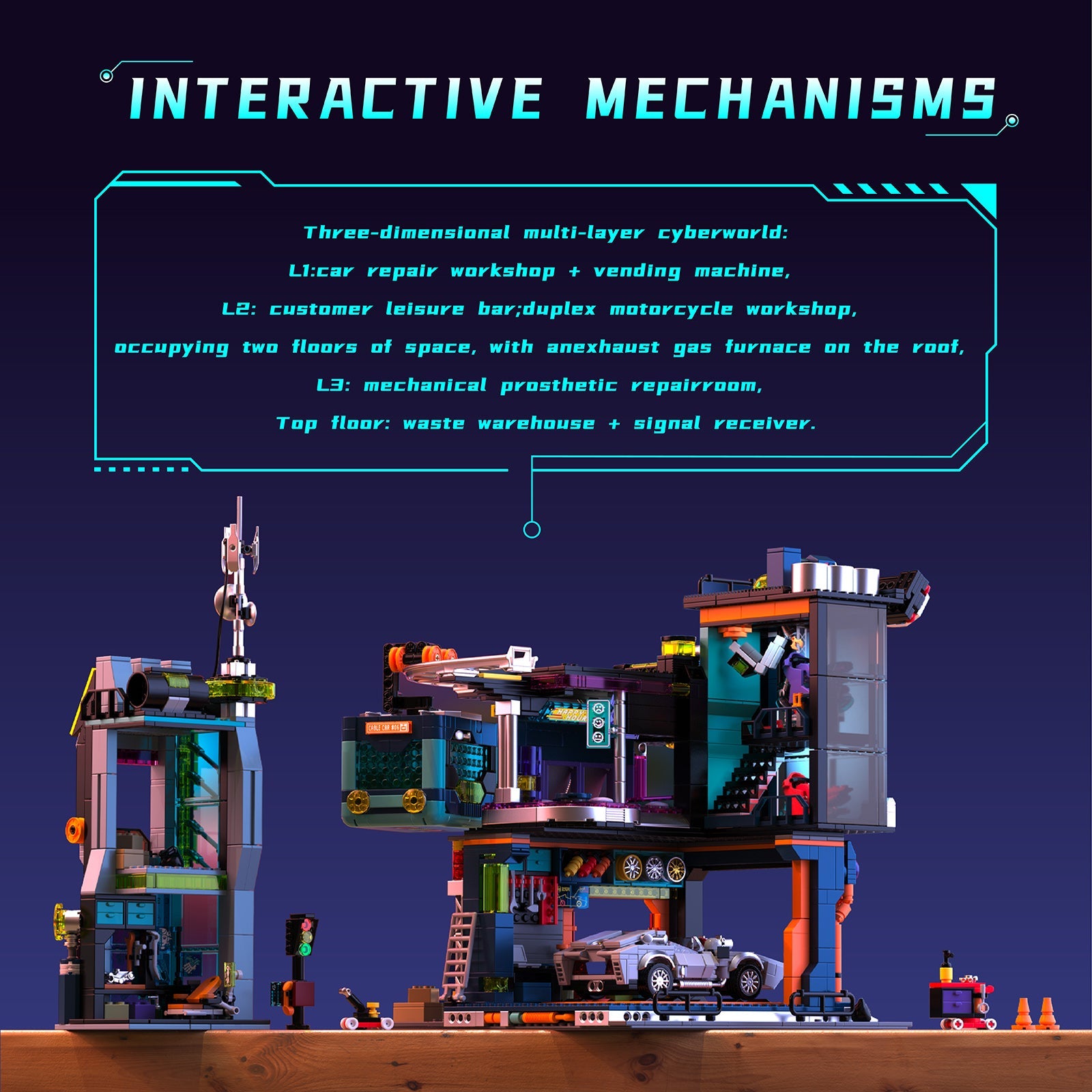 IAMBRICK Cyber Repair City detailed repair shop interior and cyberpunk street scene