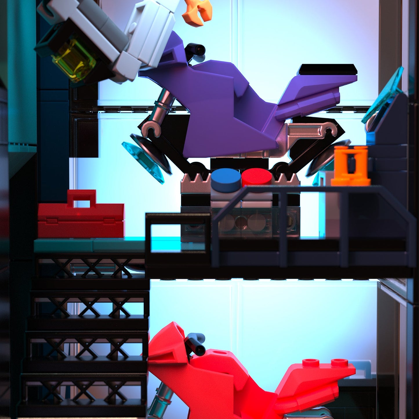 IAMBRICK Cyber Repair City detailed repair shop interior and cyberpunk street scene