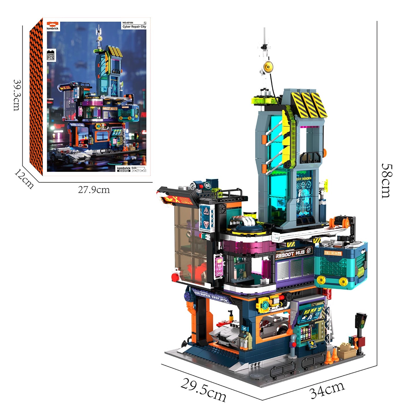 IAMBRICK Cyber Repair City product box and completed cyberpunk building block model