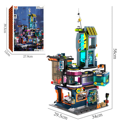 IAMBRICK Cyber Repair City product box and completed cyberpunk building block model