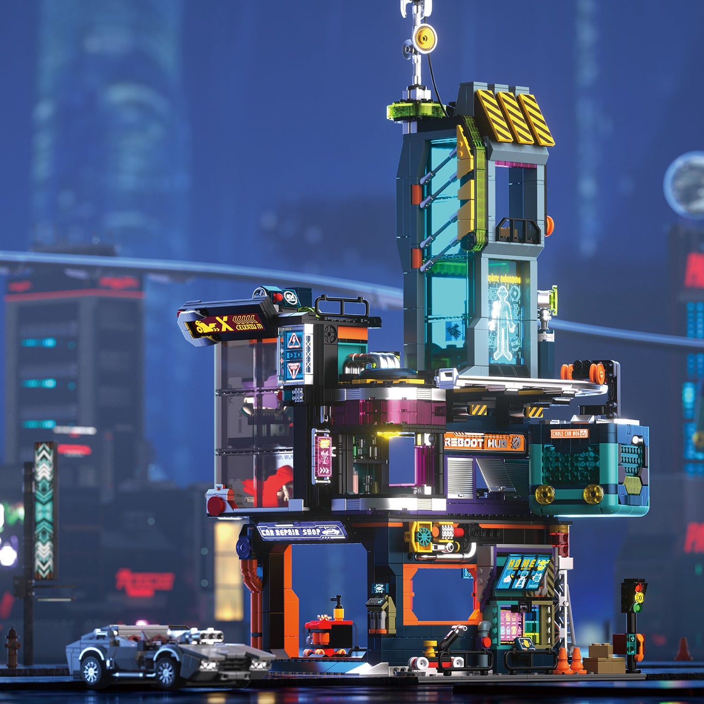 IAMBRICK Cyber Repair City futuristic street building block set with multi-level repair shops