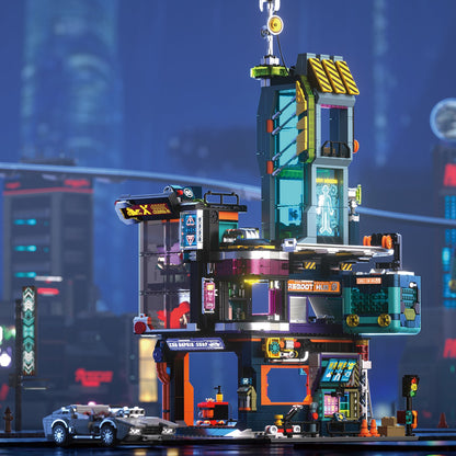 IAMBRICK Cyber Repair City futuristic street building block set with multi-level repair shops