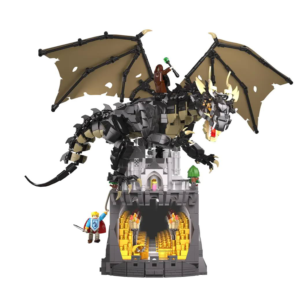 IAMBRICK Dragon's Cryptic Cache fantasy dragon building set with rocky ruins hidden treasure and display base