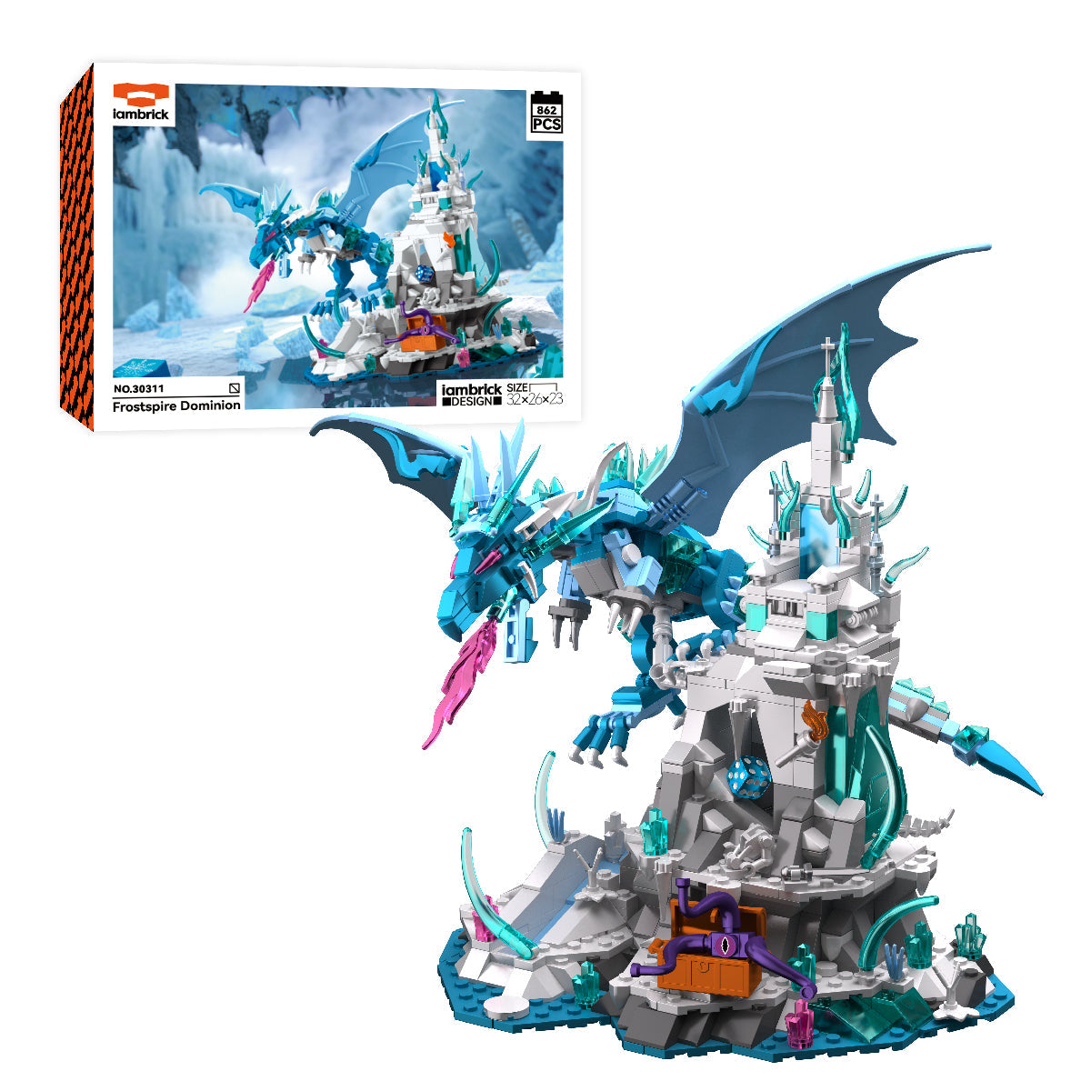 IAMBRICK Frostspire Dominion fantasy building set with poseable ice dragon frozen throne and hidden dice track
