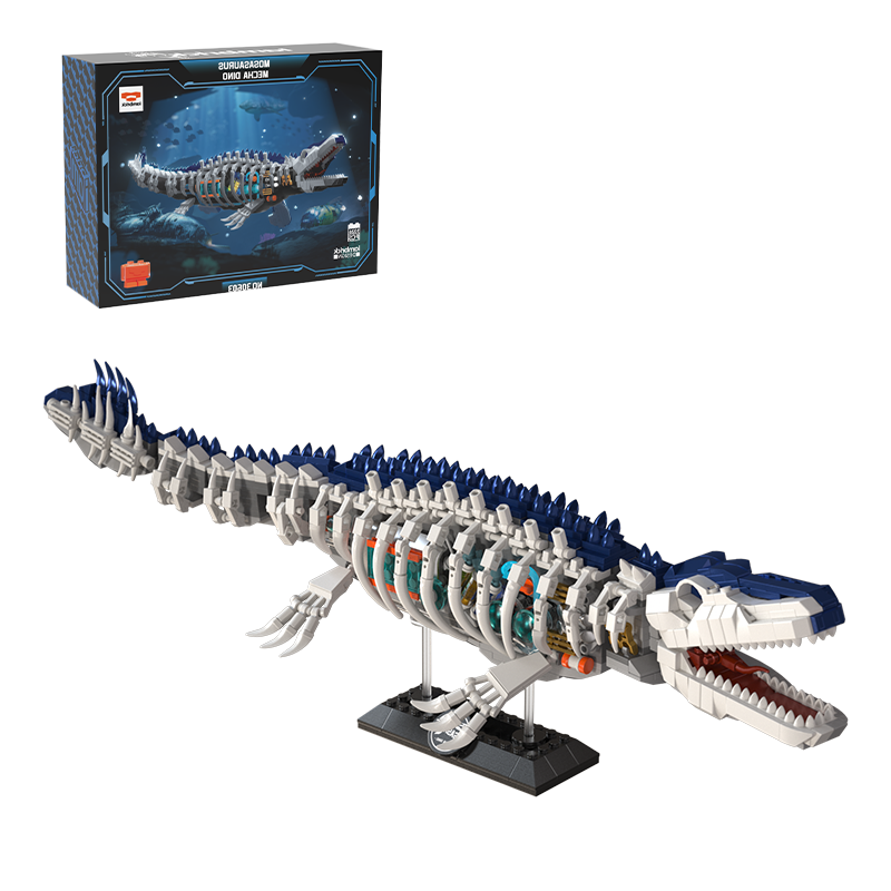 IAMBRICK Mecha Dino Mosasaurus building set with articulated mechanical body armor and illuminated details