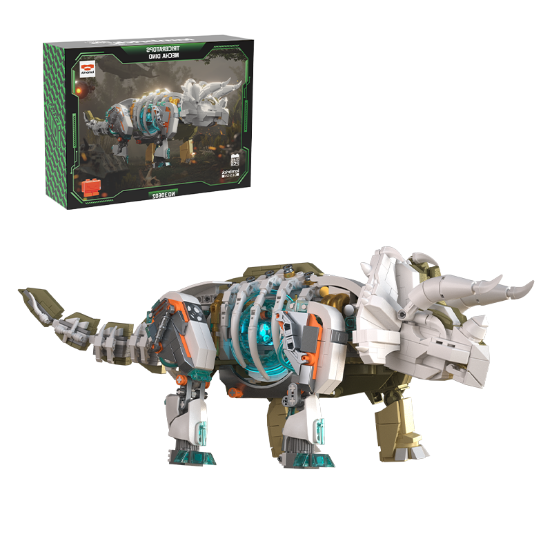 IAMBRICK Mecha Dino Triceratops building set with three horns mechanical armor and illuminated energy details